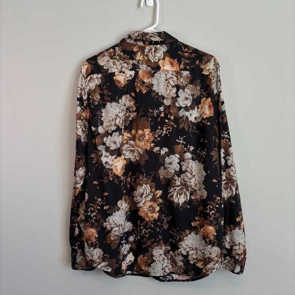 H&M Men's Size Large Button Down Bold Floral Print Black Brown Vintage Vibes - Picture 7 of 10